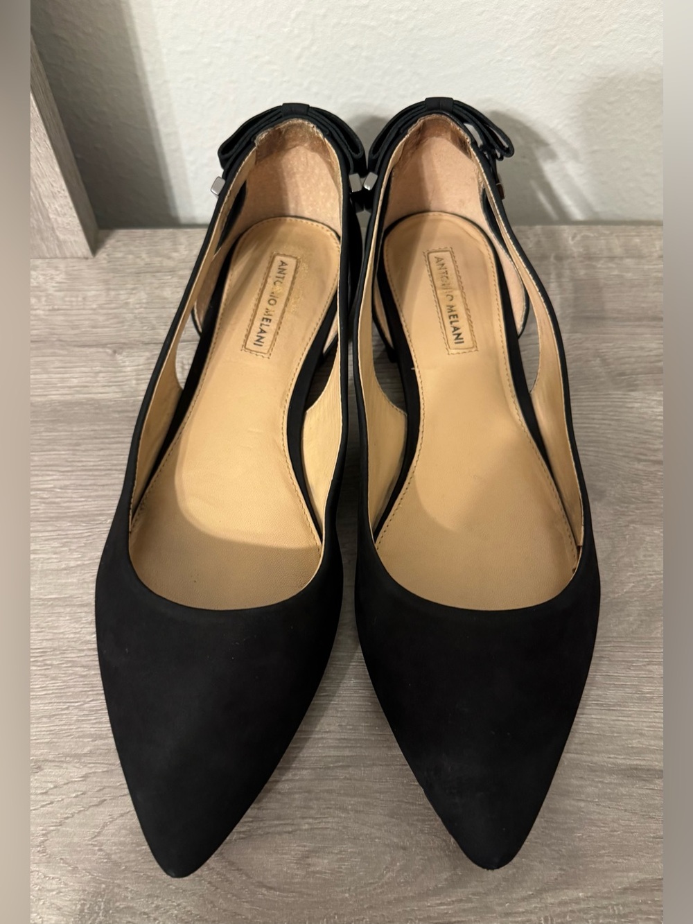 Antonio Melani ..Black suede pointed-toe ballet flats by Antonio Melani. Size 7.